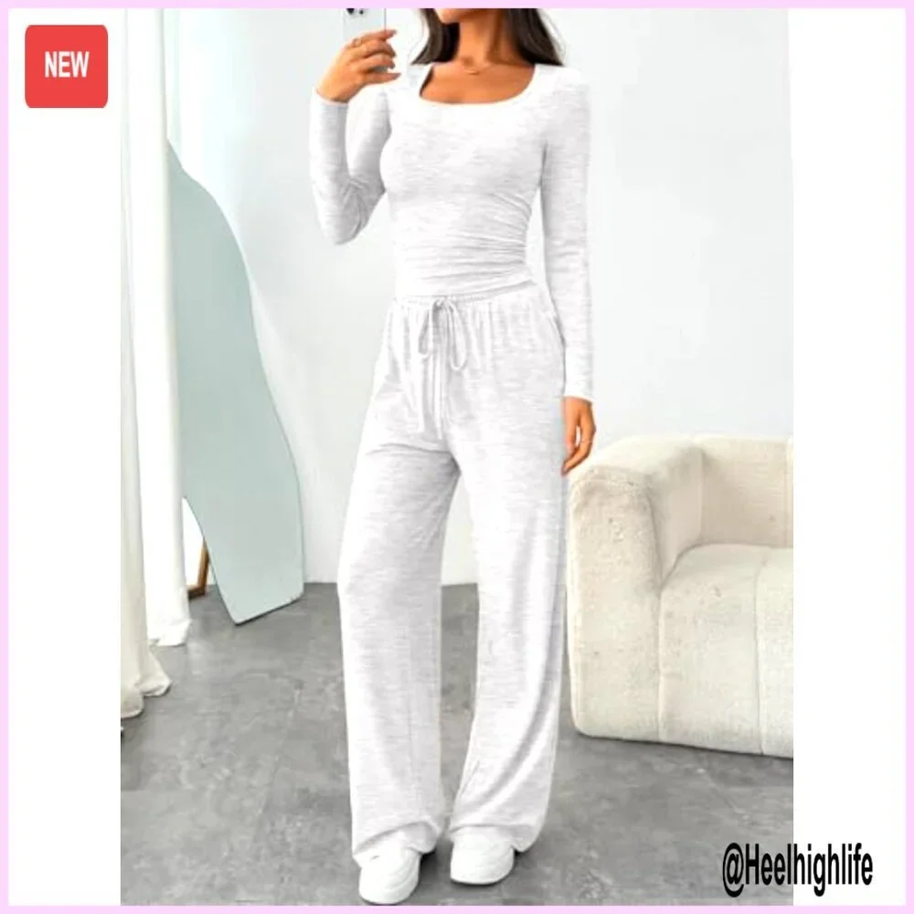 Scoop Neck Lounge Set Wide Leg Pants Crop Top Sweatsuit